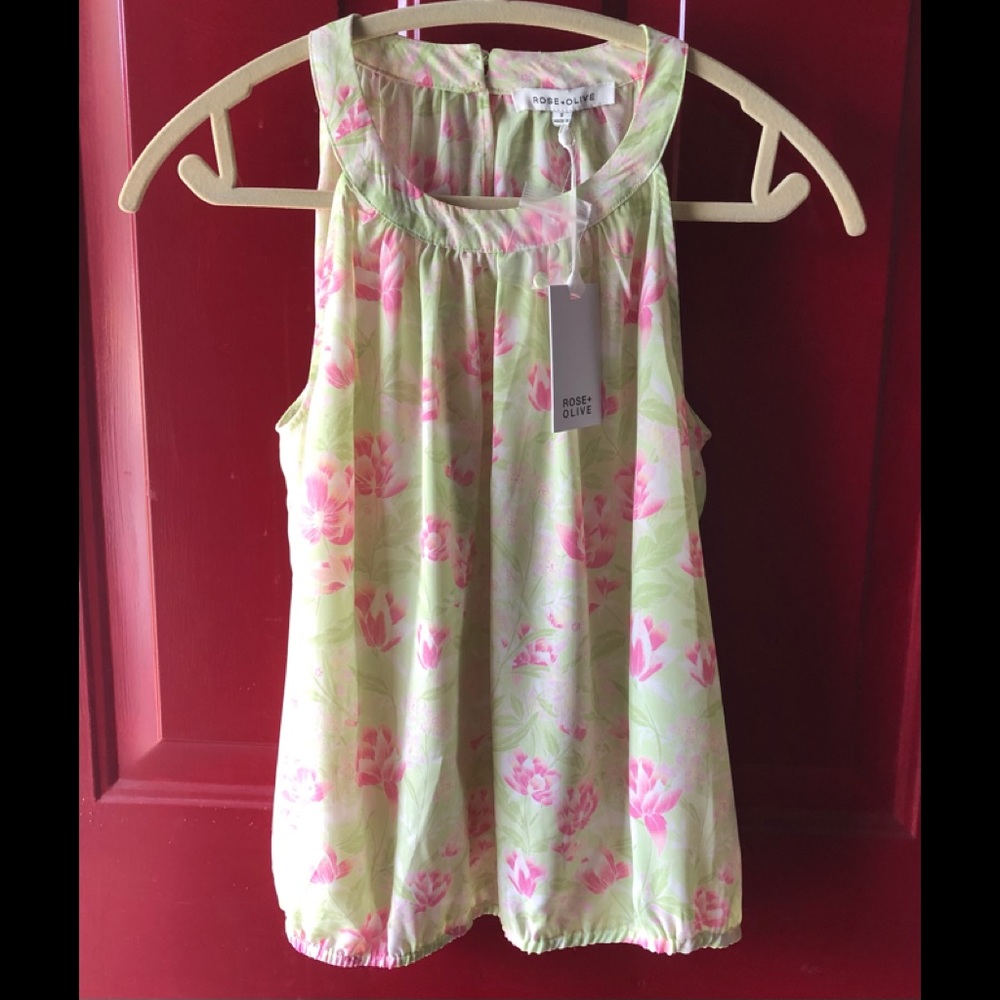ROSE+OLIVE SWEET TOP. LIME GREEN WITH PINK FLOWERS.HIGH NECK. CLASSY.NEW W/TAGS!